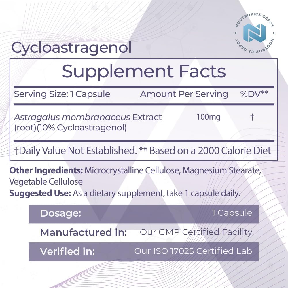 30 Count Nootropics Depot Astragalus membranaceus Capsules - 100mg Cycloastragenol 10% - Supports Cellular Health, Immune System, and Telomere Length