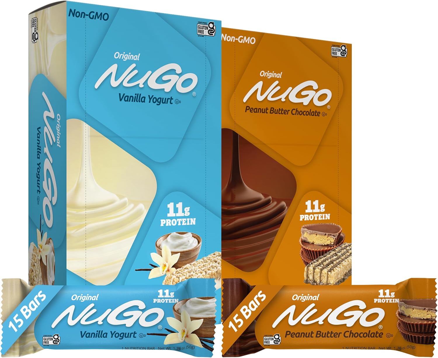 30-Count NuGo Original Variety Pack with Vanilla Yogurt and Peanut Butter Bars - 11g Protein, Gluten Free
