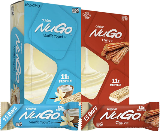 30-Count NuGo Original Variety Pack with Vanilla Yogurt and Churro Bars - 11g Protein, Gluten Free