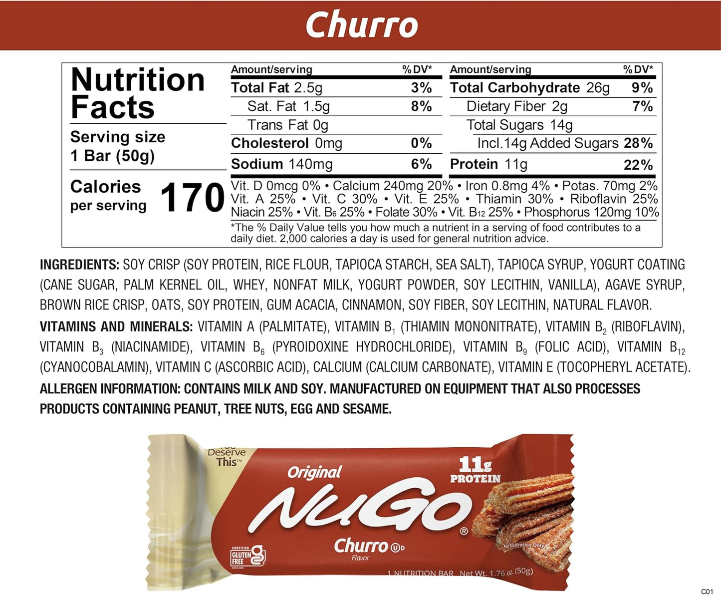 30-Count NuGo Original Variety Pack with Vanilla Yogurt and Churro Bars - 11g Protein, Gluten Free
