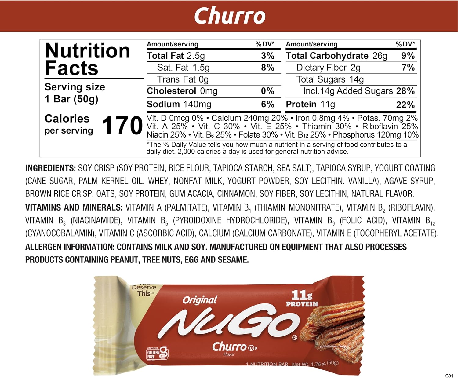 30-Count NuGo Original Variety Pack with Vanilla Yogurt and Churro Bars - 11g Protein, Gluten Free