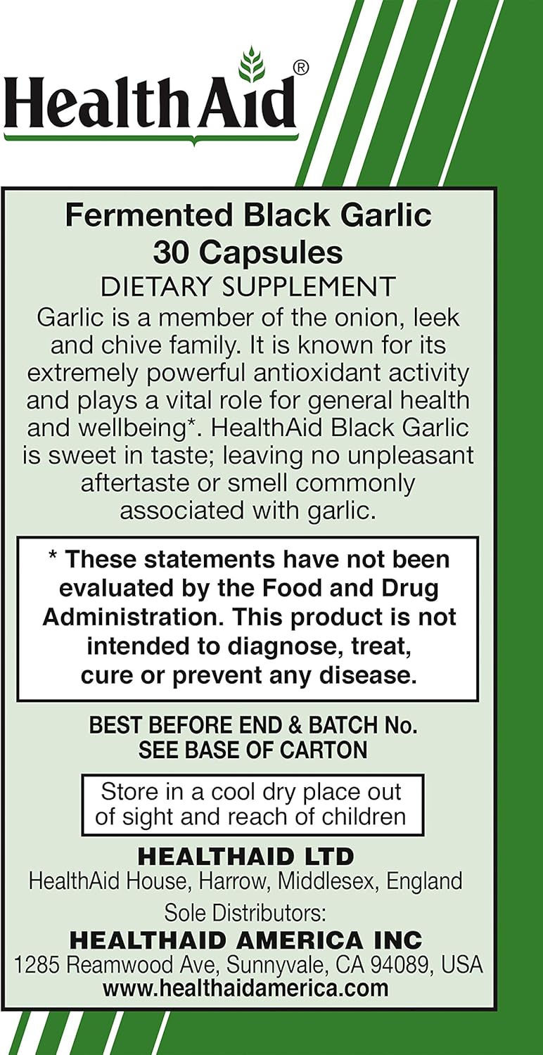 30 CT HealthAid Fermented Black Garlic Capsules - Once Daily, Odorless, Potent Extract, Rich in S-allylcysteine - Vegan Formula