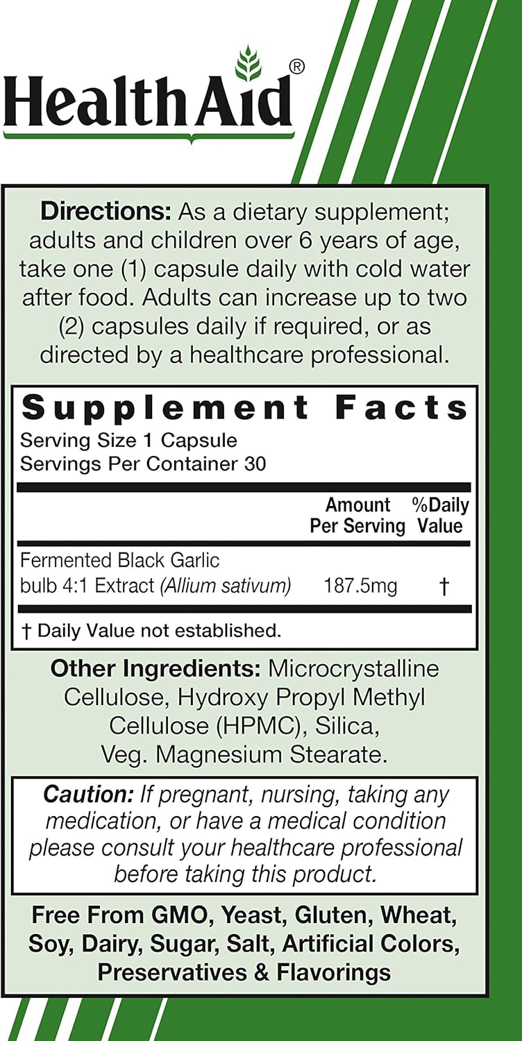 30 CT HealthAid Fermented Black Garlic Capsules - Once Daily, Odorless, Potent Extract, Rich in S-allylcysteine - Vegan Formula
