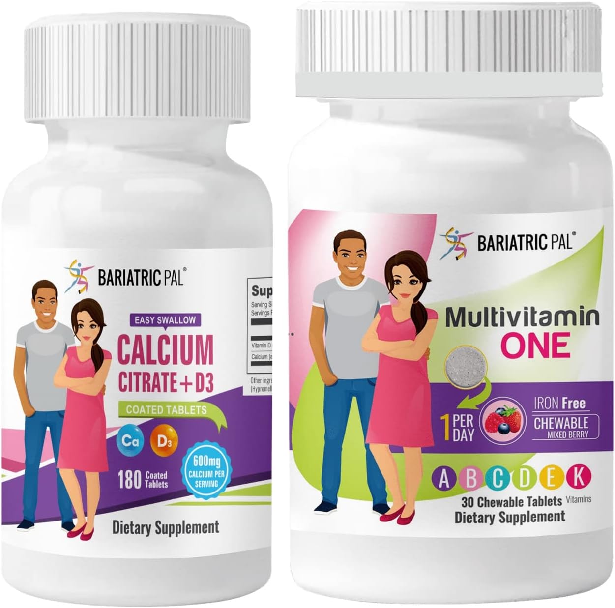 30-Day Bariatric Vitamin Bundle: Chewable Multivitamin with Calcium Citrate and D3 - Iron-Free, Mixed Berry Flavor, Easy to Swallow Tablets