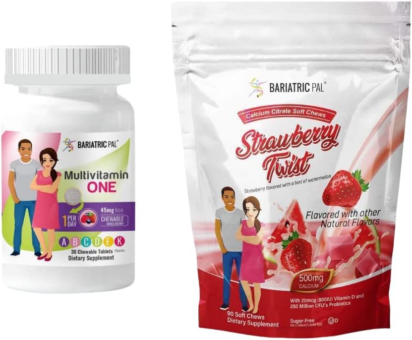 30-Day Bariatric Vitamin Bundle with Chewable Multivitamin and Calcium Citrate Soft Chews - Mixed Berry and Strawberry Twist Flavors