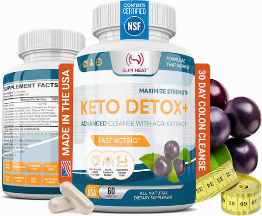 30 Day Slim Heat Colon Cleanse for Women & Men - Advanced Gut Detox with Acai Berry, Psyllium Husk, Elm, Aloe & Papaya - Non-GMO, 60 Capsules