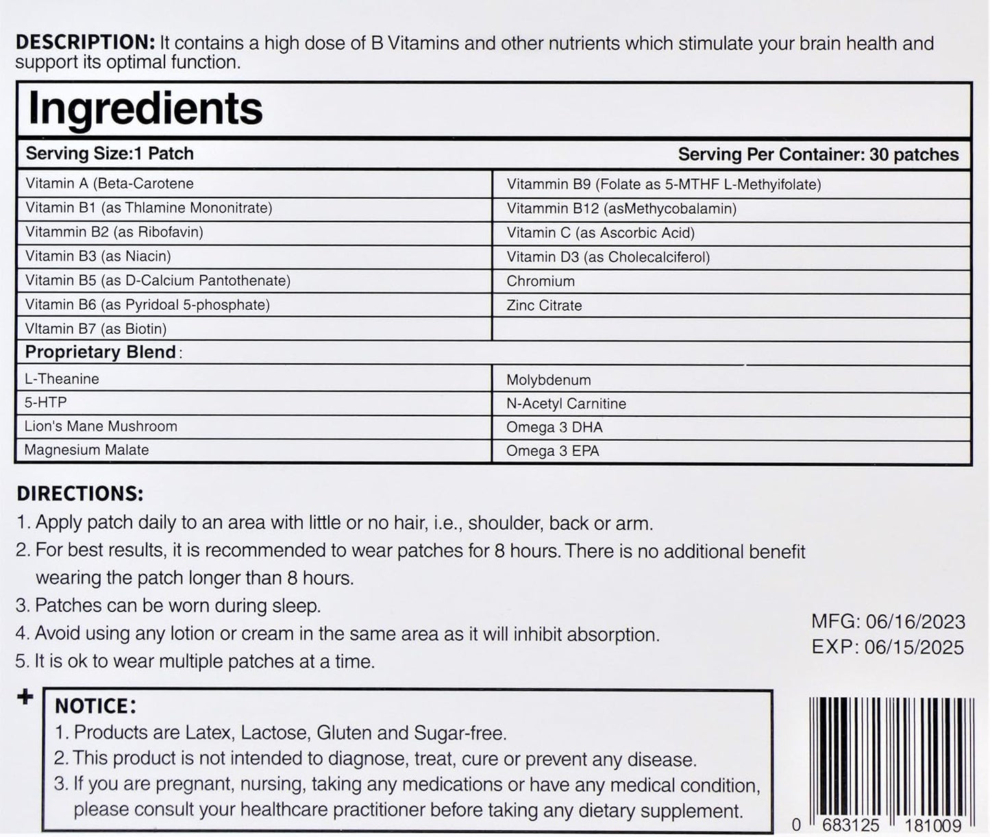 30 Day Supply Bpampered Focus Patch for Brain Health