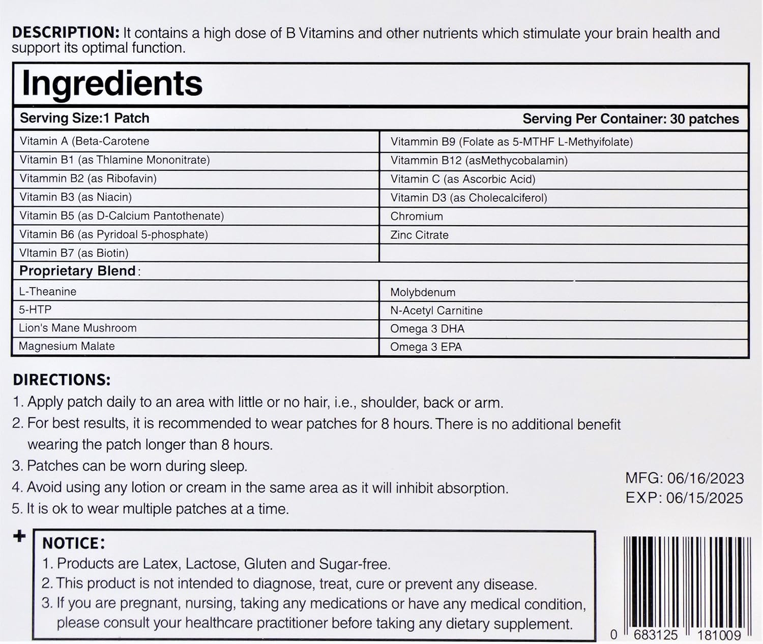 30 Day Supply Bpampered Focus Patch for Brain Health