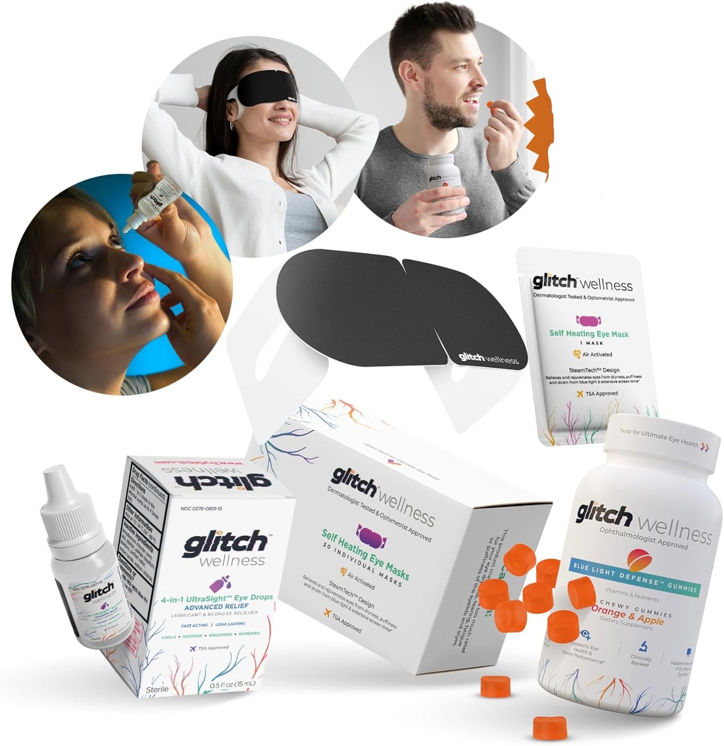 30-Day Supply Glitch Daily Eye Care Kit: Self-Heating Eye Mask, Eye Drops, Relief Gummies with Lutein & Zeaxanthin