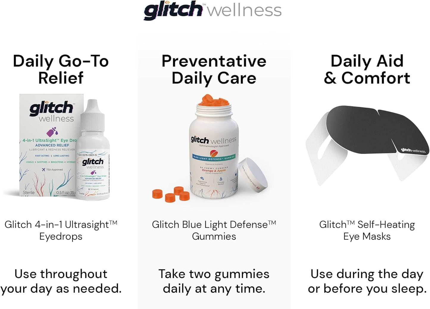 30-Day Supply Glitch Daily Eye Care Kit: Self-Heating Eye Mask, Eye Drops, Relief Gummies with Lutein & Zeaxanthin