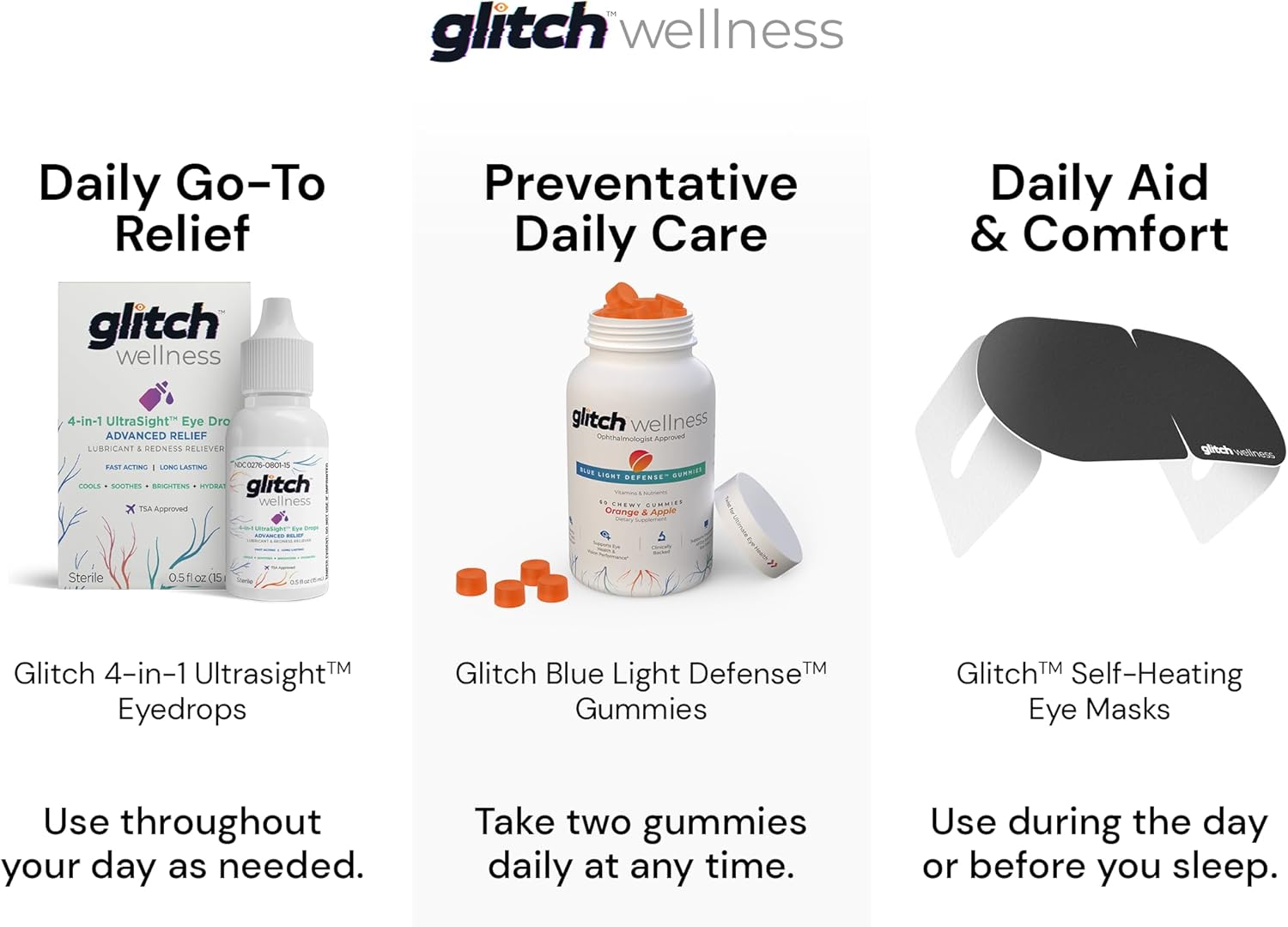 30-Day Supply Glitch Daily Eye Care Kit: Self-Heating Eye Mask, Eye Drops, Relief Gummies with Lutein & Zeaxanthin