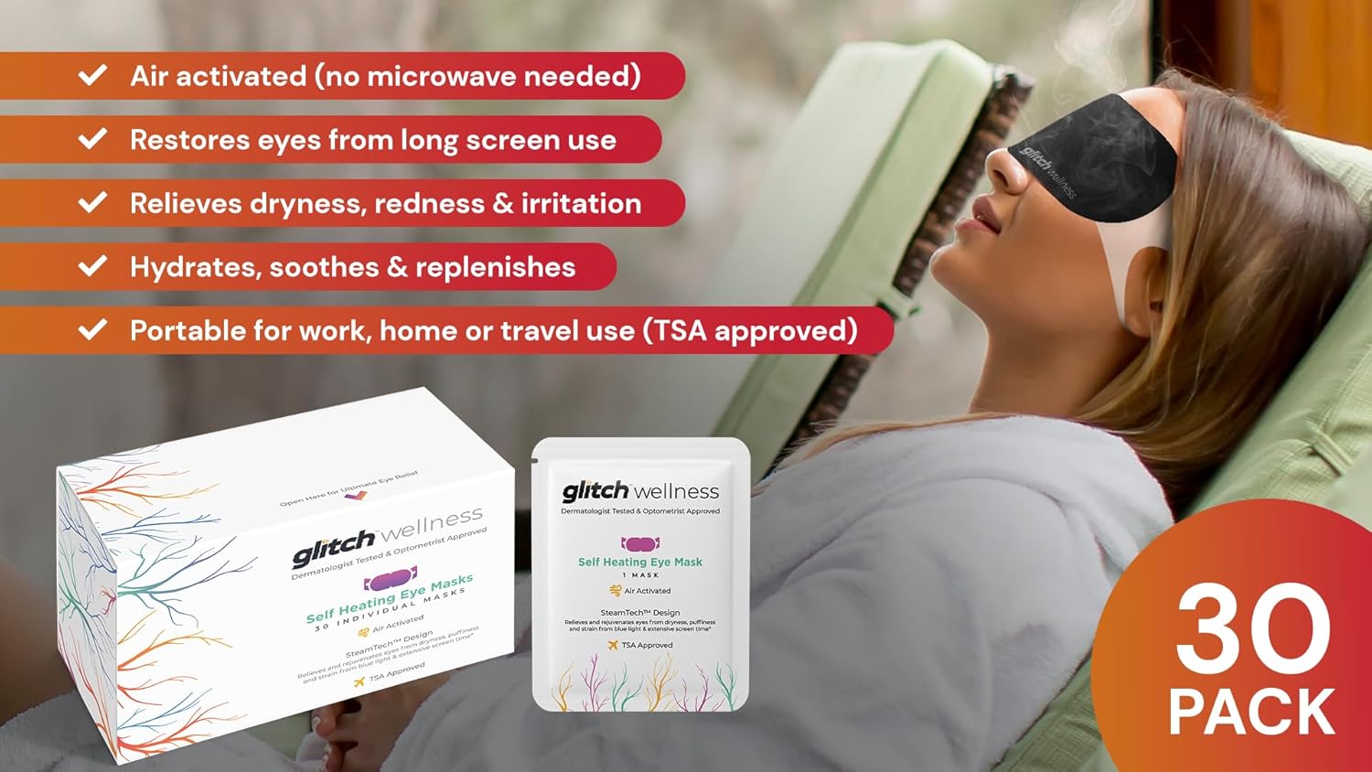 30-Day Supply Glitch Daily Eye Care Kit: Self-Heating Eye Mask, Eye Drops, Relief Gummies with Lutein & Zeaxanthin