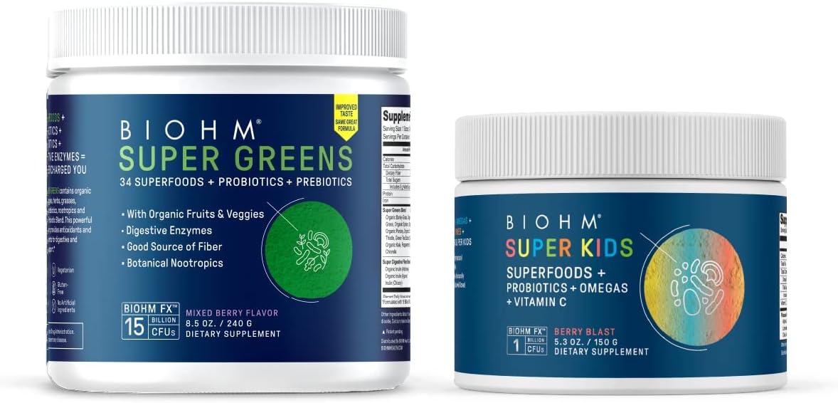 30-Day Supply of BIOHM Super Greens and Super Kids Antioxidant Veggie Powder Bundle with Probiotics, Berry Flavor