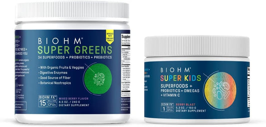 30-Day Supply of BIOHM Super Greens and Super Kids Antioxidant Veggie Powder Bundle with Probiotics, Berry Flavor