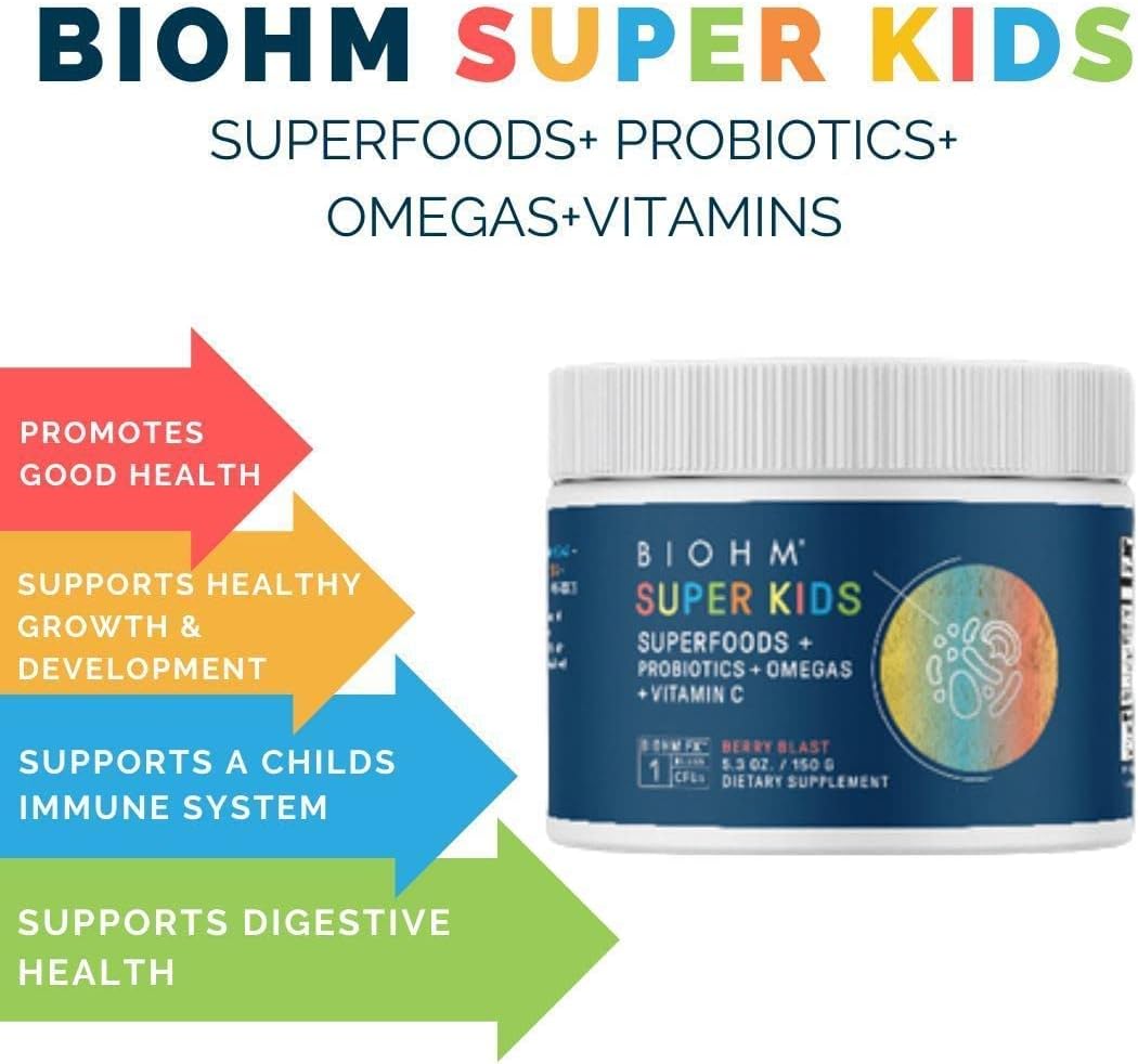30-Day Supply of BIOHM Super Greens and Super Kids Antioxidant Veggie Powder Bundle with Probiotics, Berry Flavor