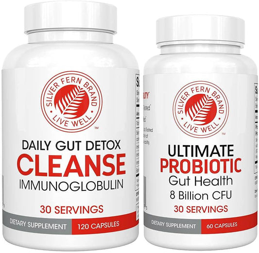 30 Day Supply of Silver Fern Gut Rehab Kit: Daily Detox & Ultimate Probiotic with Immunoglobulins & Spore Forming Probiotics