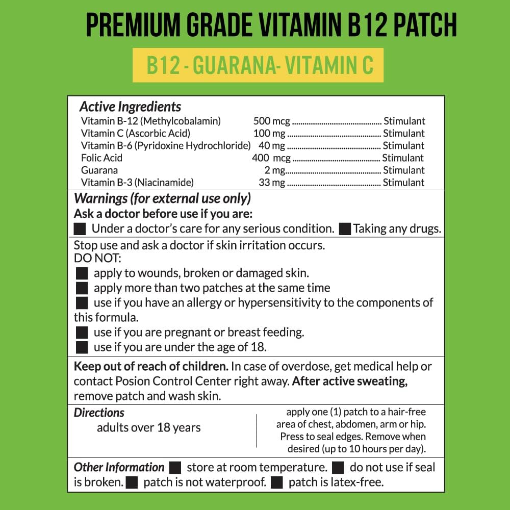 30 Day Supply VitaPatch Premium Grade B12 Patches with Guarana for Energy - Made in USA - BoostGo Australia