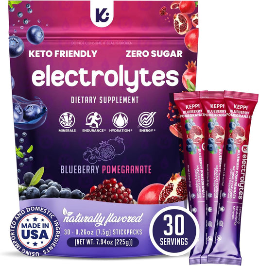 30 Keppi Blueberry Pomegranate Electrolyte Powder Packets - Sugar-Free & Keto-Friendly Hydration for Travel, Gym & Daily Refreshment