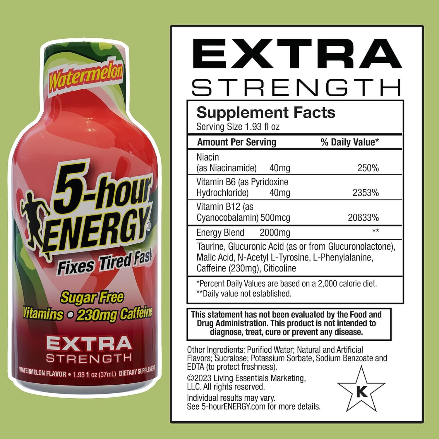 30 Pack of 5-hour ENERGY Extra Strength Watermelon Energy Shots - 1.93 oz Each, Zero Calories, Sugar-Free, 230 mg Caffeine, Amino Acids, B Vitamins - Dietary Supplements