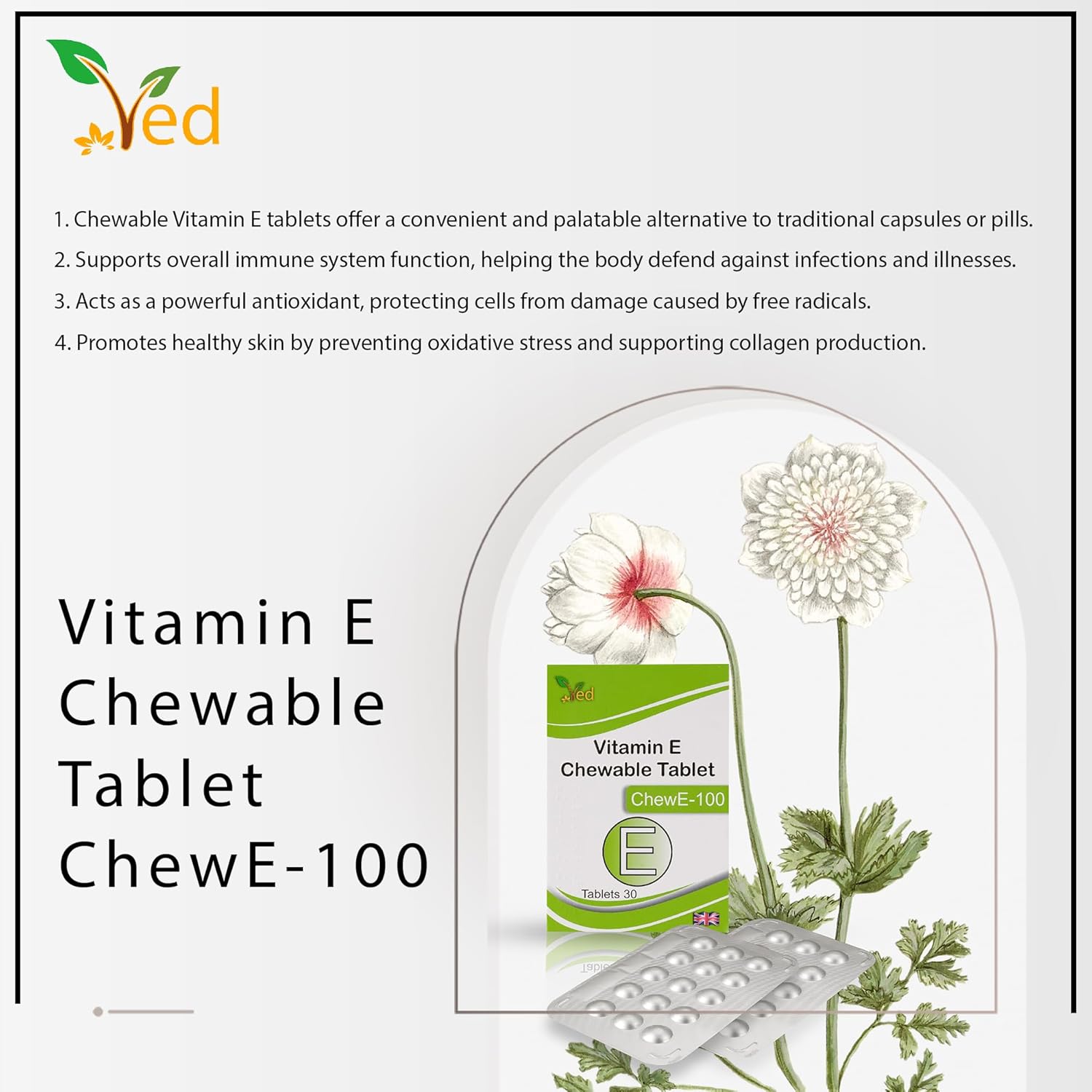 30-Pack VED Vitamin E 100mg Chewable Tablets for Daily Antioxidant Support