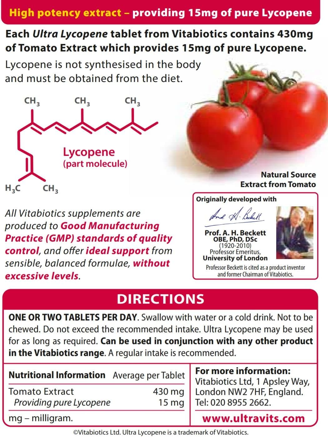 30-Pack Vitabiotics Ultra Ultra Lycopene Tablets for Heart Health and Antioxidant Support