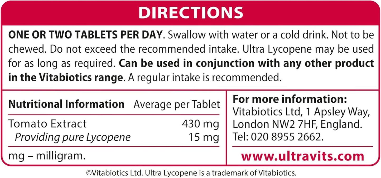30-Pack Vitabiotics Ultra Ultra Lycopene Tablets for Heart Health and Antioxidant Support