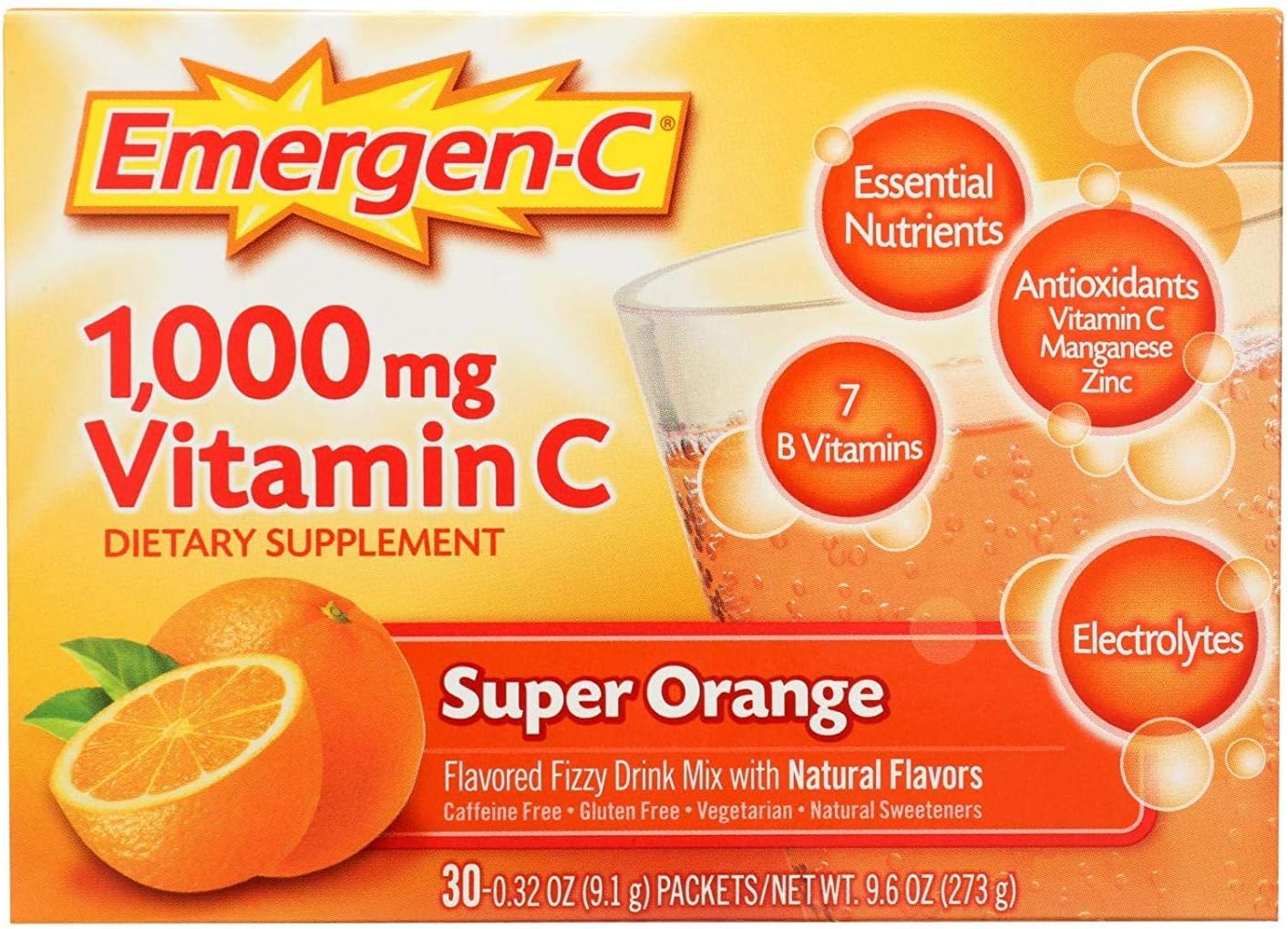30 Packets of Emergen-C Super Orange Powder Mix for Immune Support, 0.32 oz each