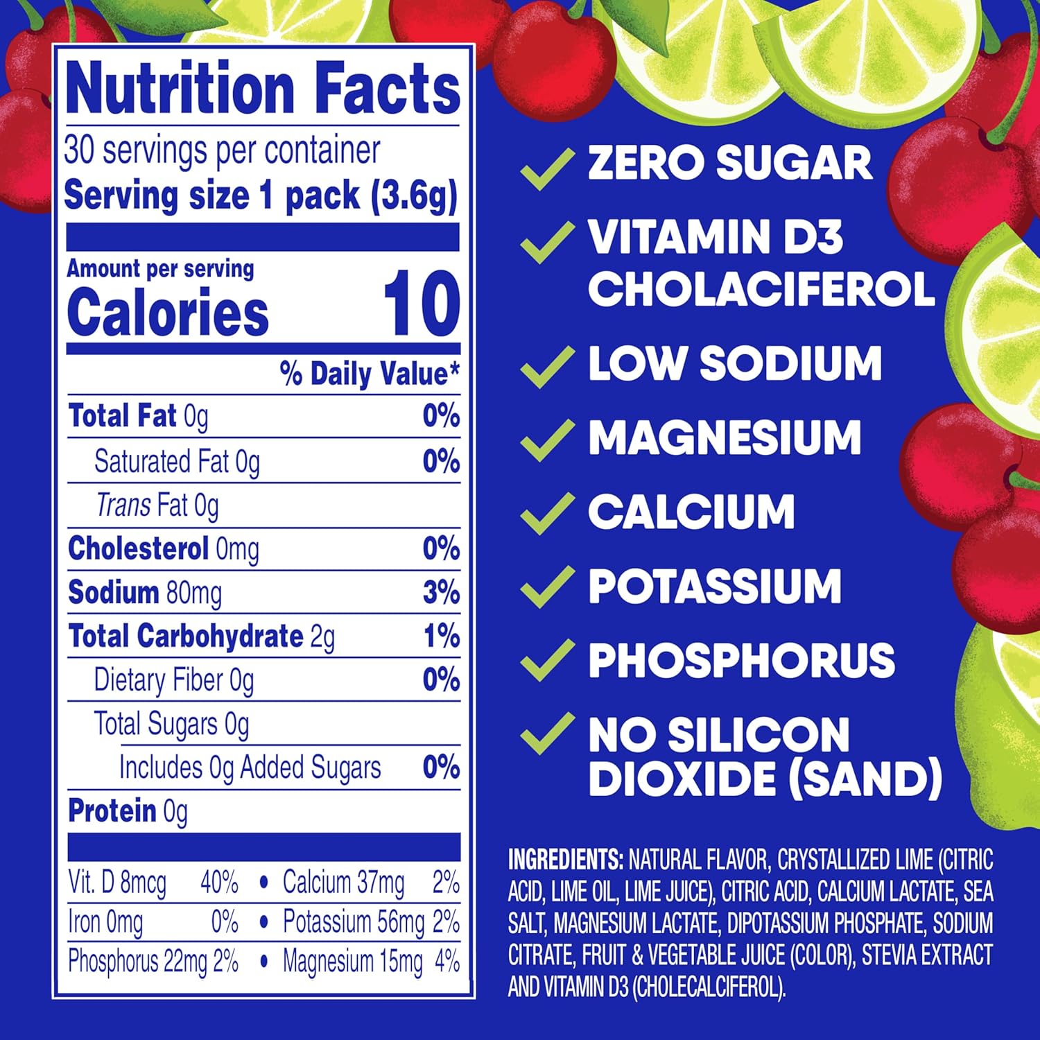 30 Packets of GoHydrate Cherry Limeade Instant Hydration Powder - Sugar-Free Electrolyte Drink Mix with Low Sodium & Vitamin D for Natural Hydration Support