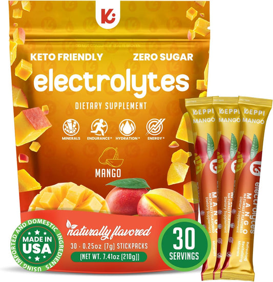 30 Packets of Keppi Mango Electrolyte Powder - Sugar-Free and Keto-Friendly Hydration for Travel, Gym, and Daily Refreshment