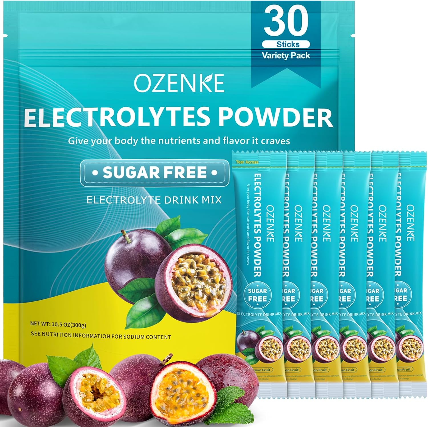 30 Packets of OZENKE Sugar-Free Electrolyte Drink Mix for Rapid Hydration, Passion Fruit Flavor