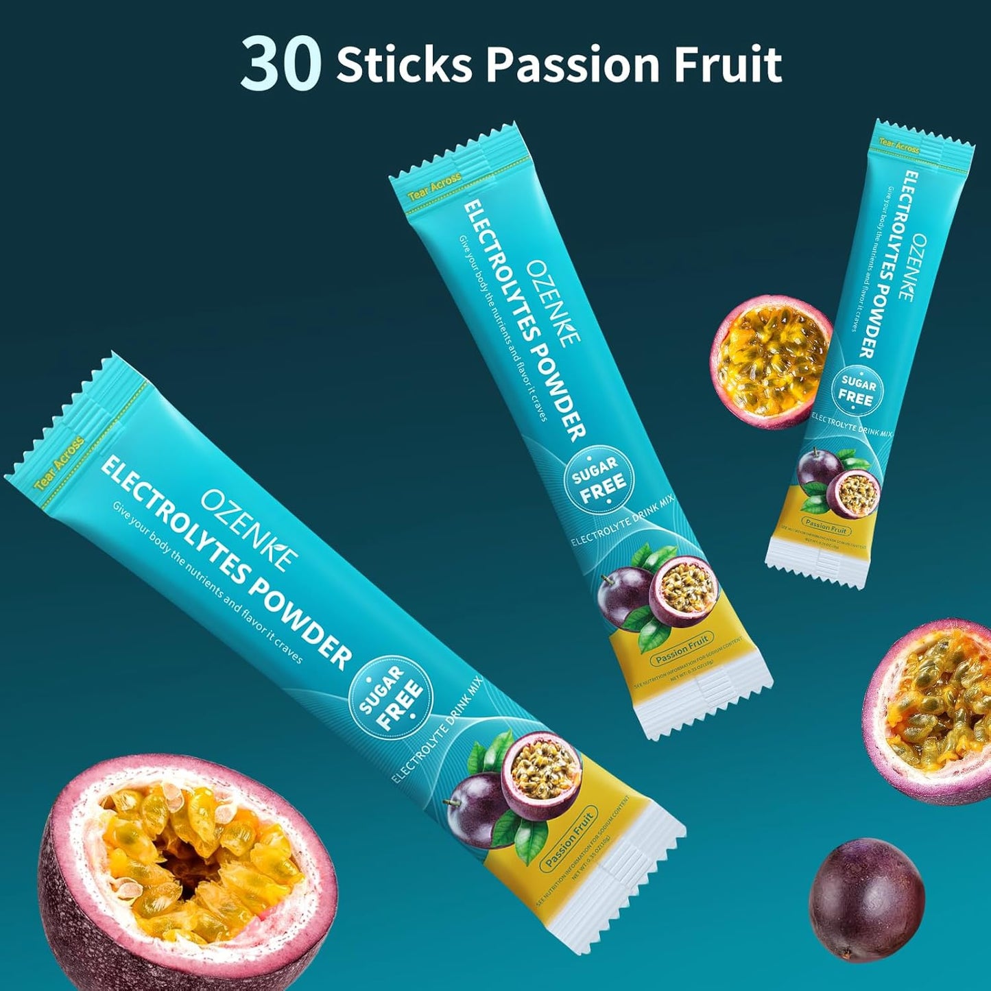30 Packets of OZENKE Sugar-Free Electrolyte Drink Mix for Rapid Hydration, Passion Fruit Flavor