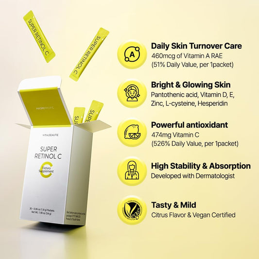 30 Packets VITALBEAUTIE Super Retinol C Powder Skincare Supplement with Liquid Collagen for Women - Super Collagen Lift Shot