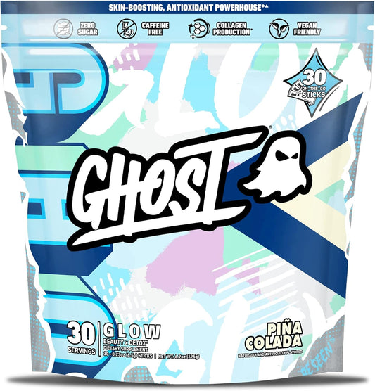 30 Pina Colada Glow Sticks with Hyaluronic Acid, Biotin & L-Theanine for Skin-Boosting Support - Sugar Free & Gluten Free Detox Supplement by GHOST