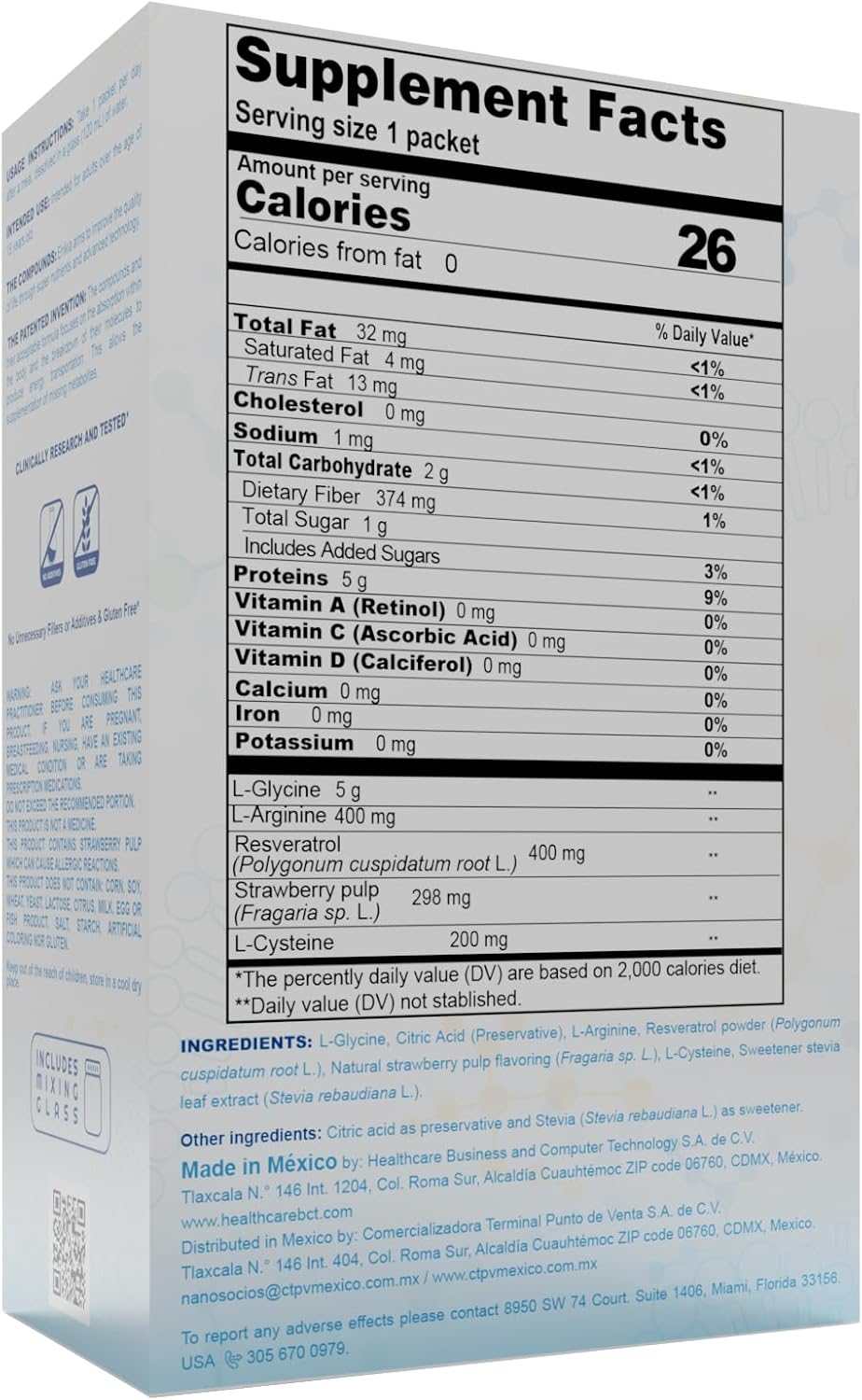 30 Sachets ENIKIA Food Supplement with Resveratrol, L-Glycine, L-Arginine, and L-Cysteine - Amino Acids and Antioxidants with Nanotechnology - Strawberry Flavor