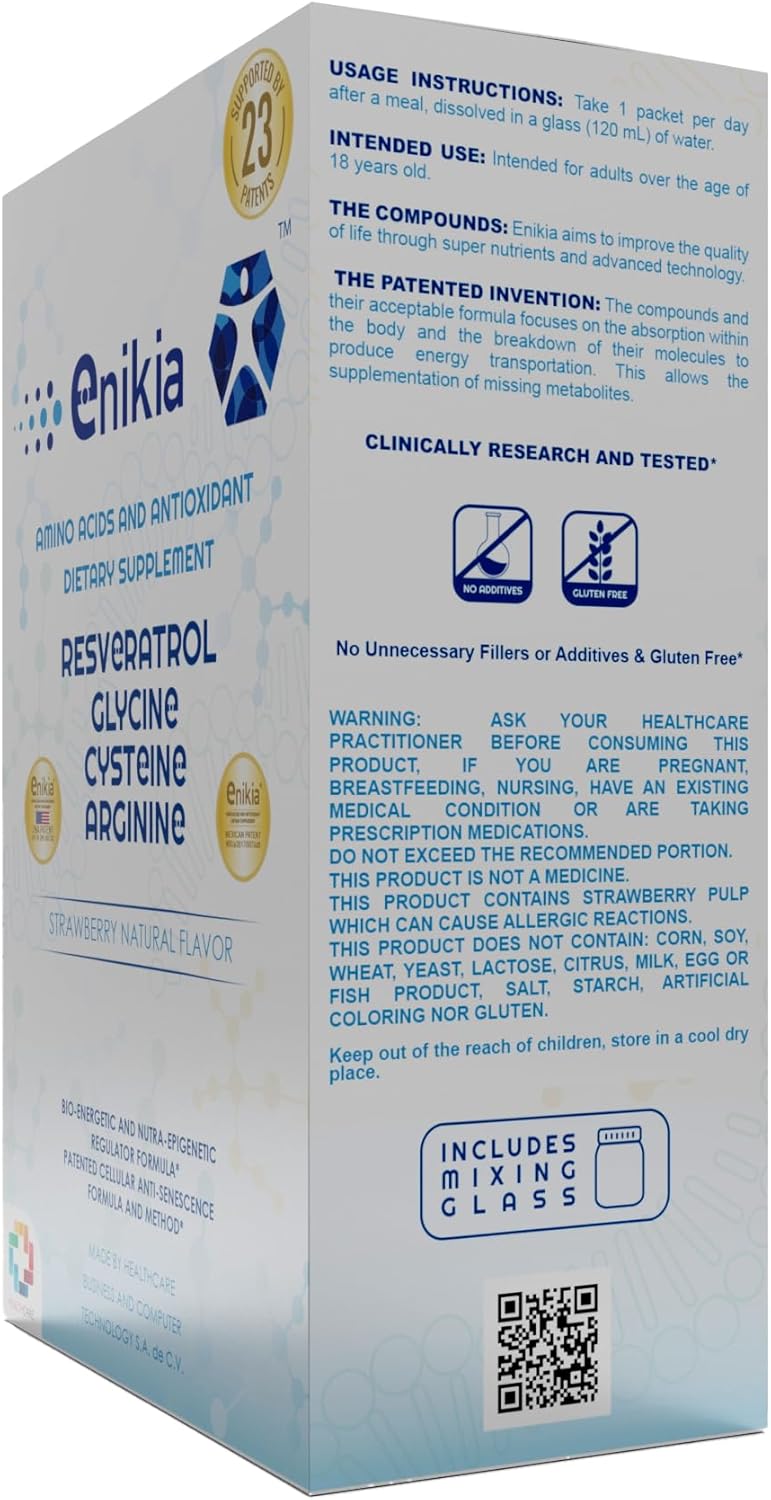 30 Sachets ENIKIA Food Supplement with Resveratrol, L-Glycine, L-Arginine, and L-Cysteine - Amino Acids and Antioxidants with Nanotechnology - Strawberry Flavor