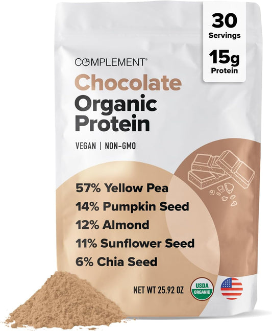 30 Servings Complement Organic Chocolate Vegan Protein Powder - Low Carb, Low Calorie, Sugar-Free, Soy-Free - Yellow Pea & Pumpkin Seed - 15g Plant-Based Protein Powder - Non-GMO & Non-Dairy - BoostGo Australia