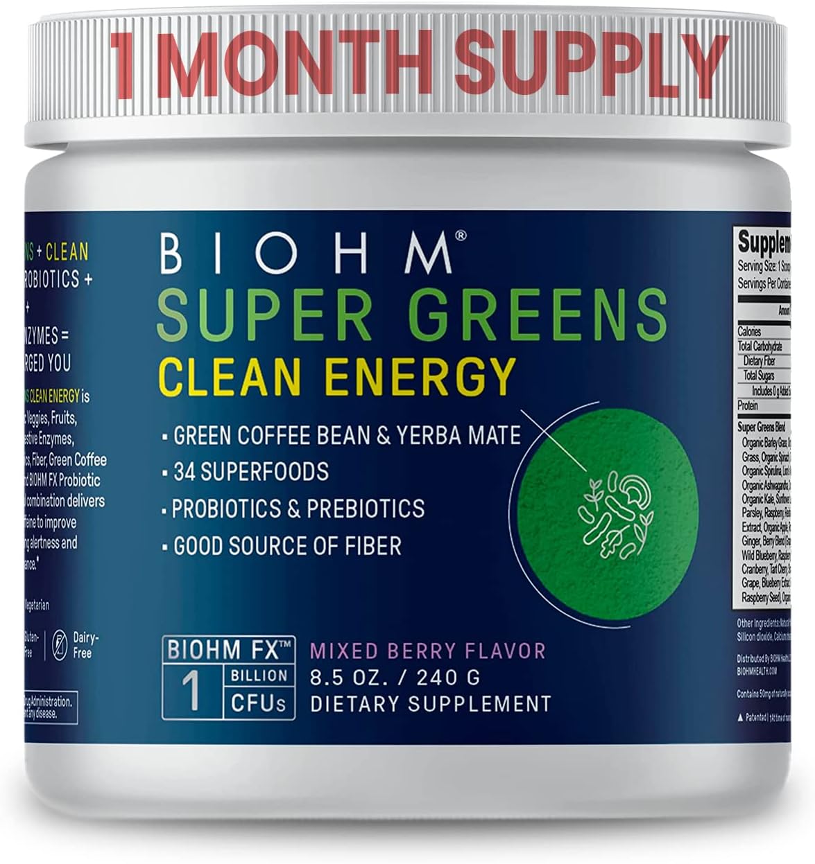 30 Servings of BIOHM Super Greens Clean Energy with Probiotics, Super Greens Superfood, 34 Natural Extracts - All Natural, Non-GMO Energy Boost