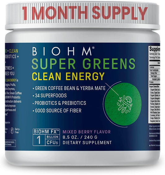 30 Servings of BIOHM Super Greens Clean Energy with Probiotics, Super Greens Superfood, 34 Natural Extracts - All Natural, Non-GMO Energy Boost