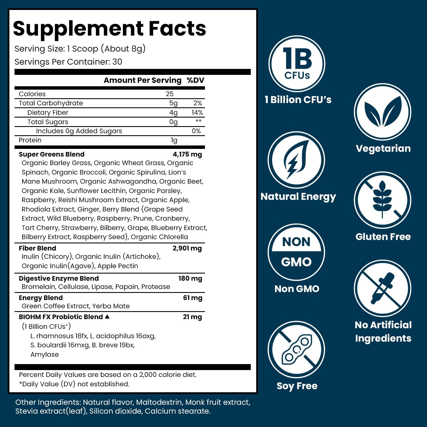 30 Servings of BIOHM Super Greens Clean Energy with Probiotics, Super Greens Superfood, 34 Natural Extracts - All Natural, Non-GMO Energy Boost