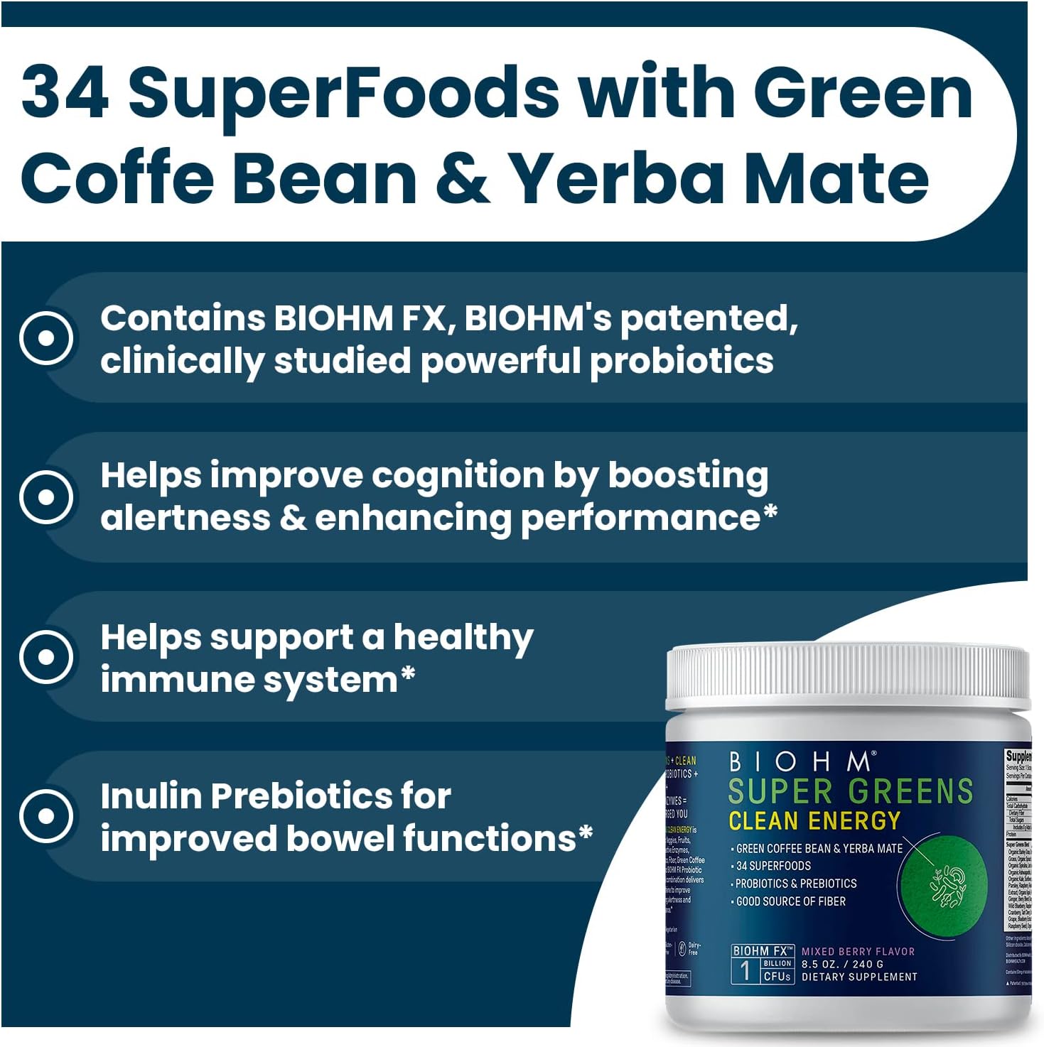 30 Servings of BIOHM Super Greens Clean Energy with Probiotics, Super Greens Superfood, 34 Natural Extracts - All Natural, Non-GMO Energy Boost