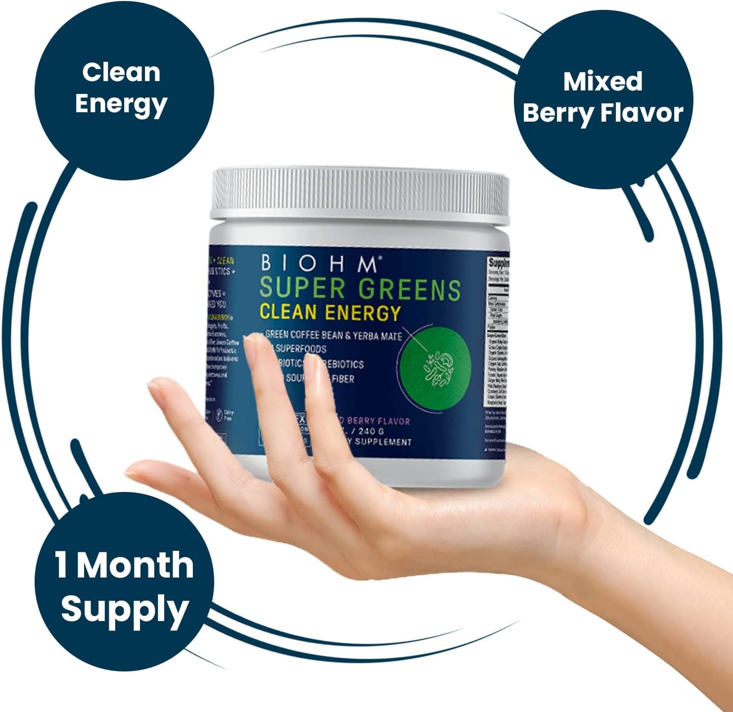 30 Servings of BIOHM Super Greens Clean Energy with Probiotics, Super Greens Superfood, 34 Natural Extracts - All Natural, Non-GMO Energy Boost