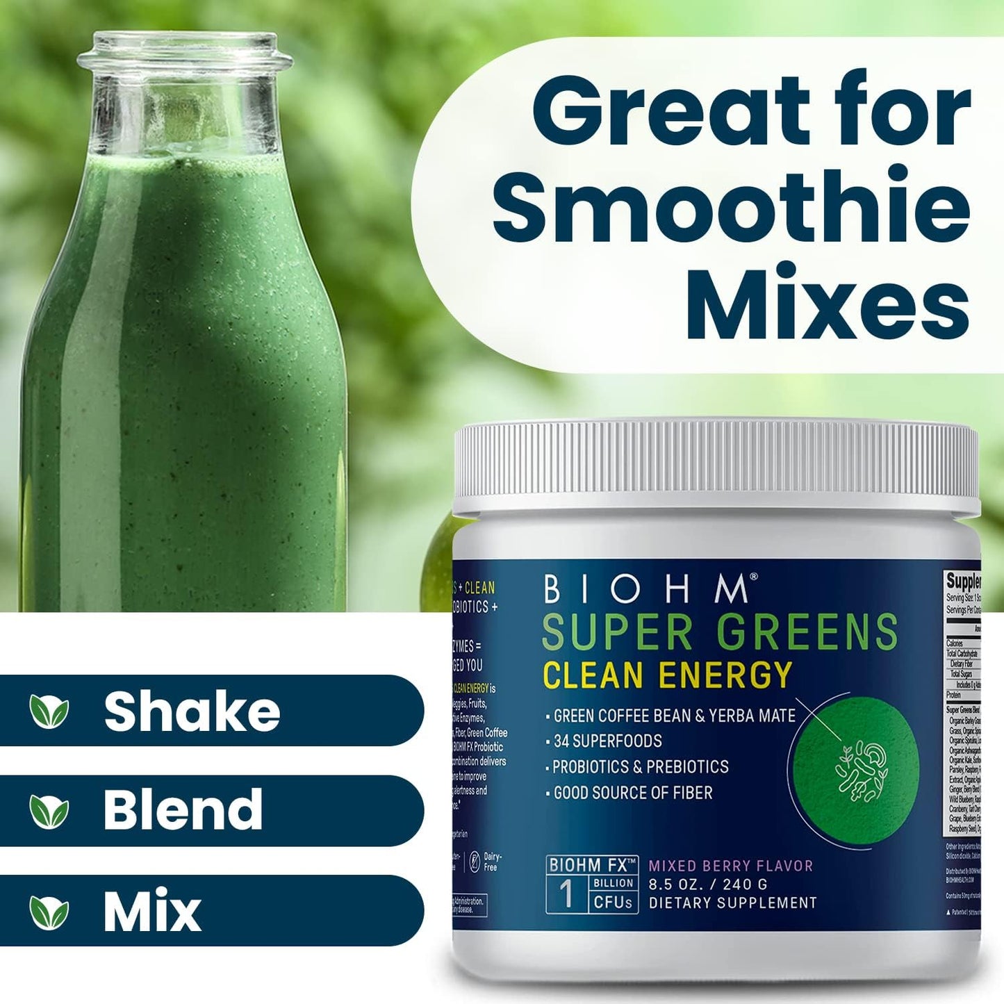 30 Servings of BIOHM Super Greens Clean Energy with Probiotics, Super Greens Superfood, 34 Natural Extracts - All Natural, Non-GMO Energy Boost