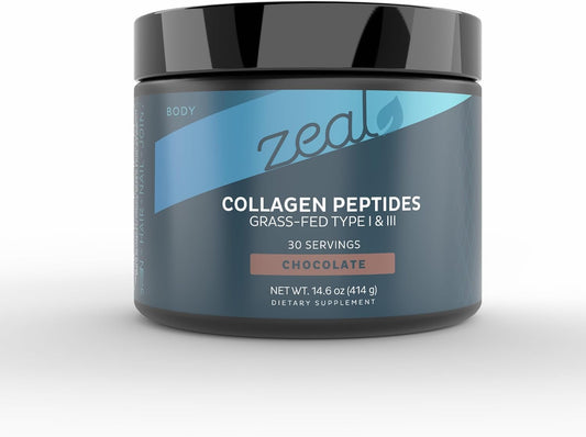 30 Servings of Zeal Naturals Pure Chocolate Collagen Peptides Powder - Hydrolyzed Type I & III Collagen for Hair, Skin, Nails & Joints
