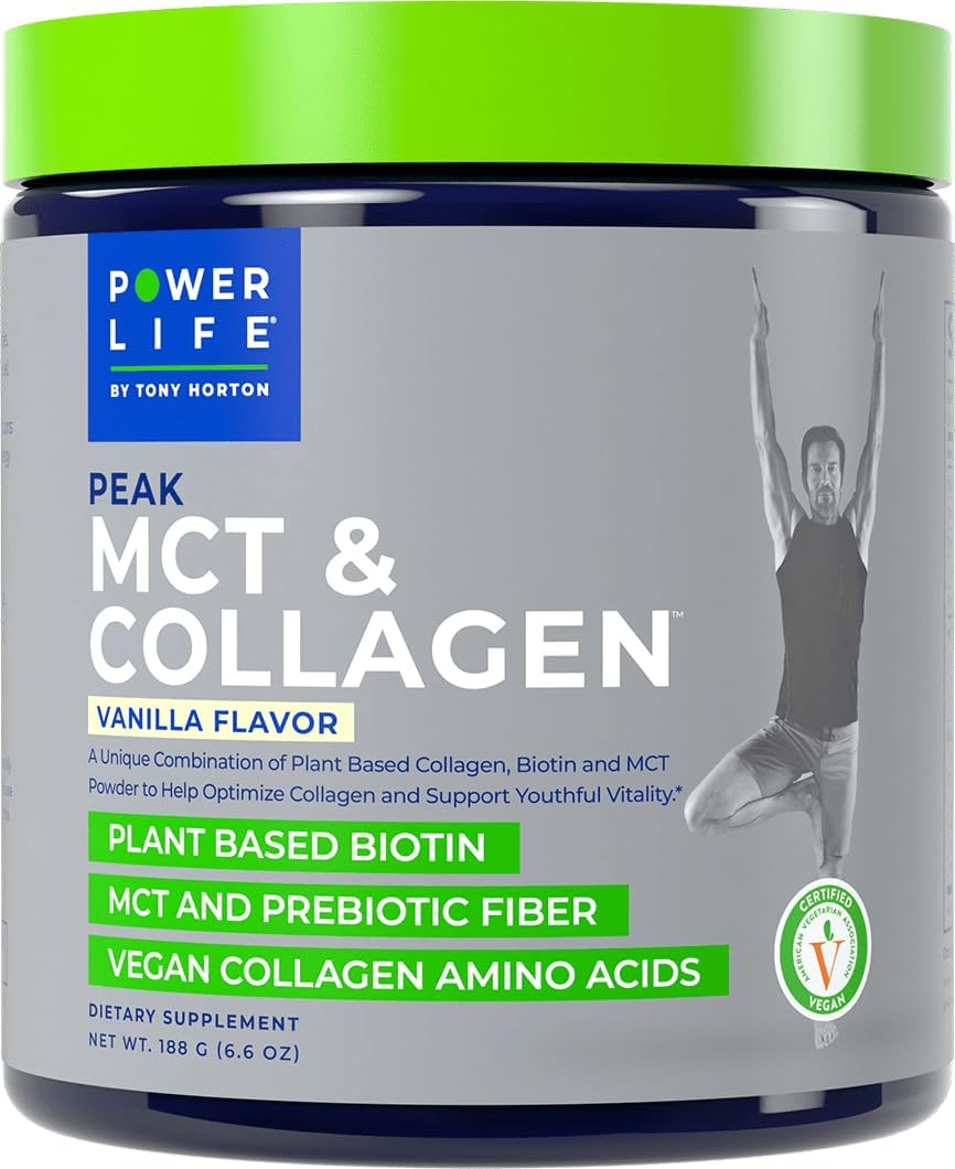 30 Servings POWERLIFE Peak MCT Powder Supplement with Plant-Based Collagen and Biotin - Vanilla Flavor