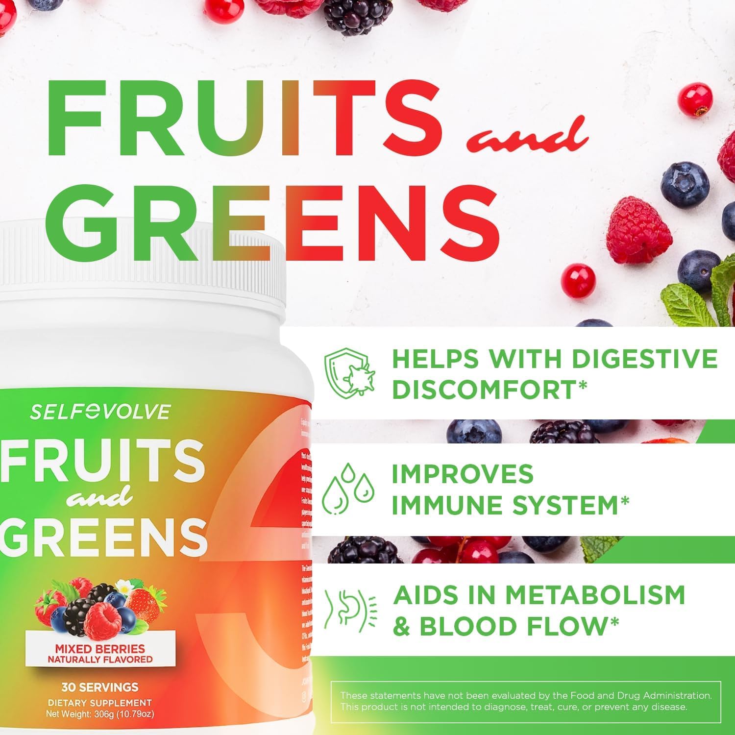 30 Servings Selfevolve Organic Probiotic Powder with Fruits and Greens for Men and Women - Vegan, 10 Billion CFUs, Spirulina, Kale, Spinach, Chlorella, Elderberry, Digestive Enzymes