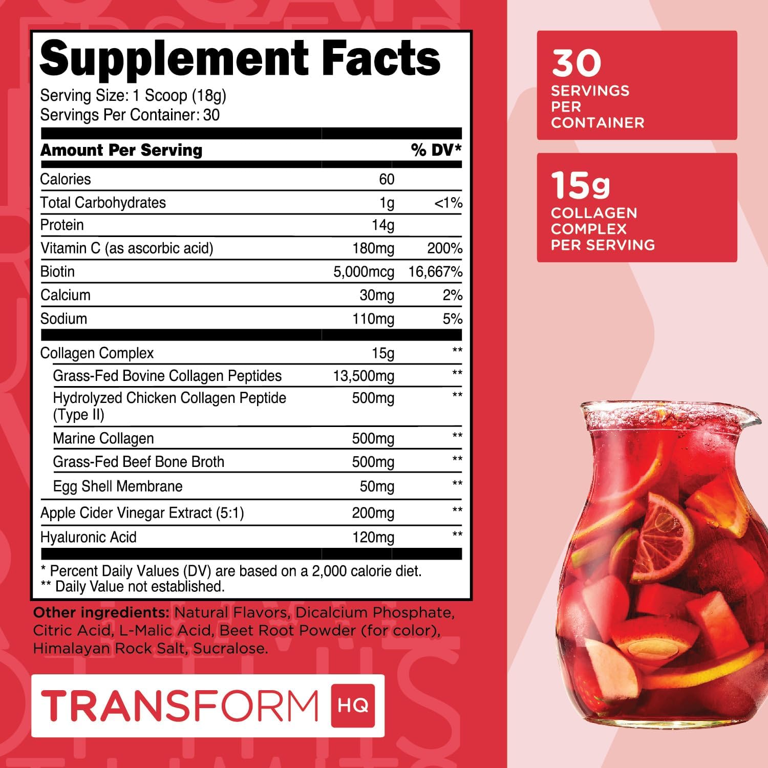 30 Servings TransformHQ Beauty Collagen Fruit Punch Blend for Hair, Skin, and Nails