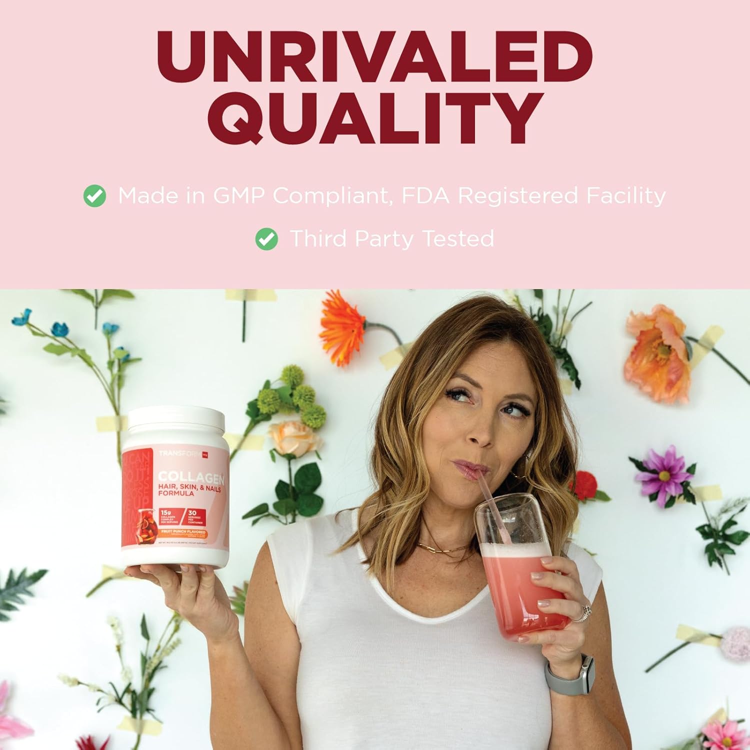30 Servings TransformHQ Beauty Collagen Fruit Punch Blend for Hair, Skin, and Nails