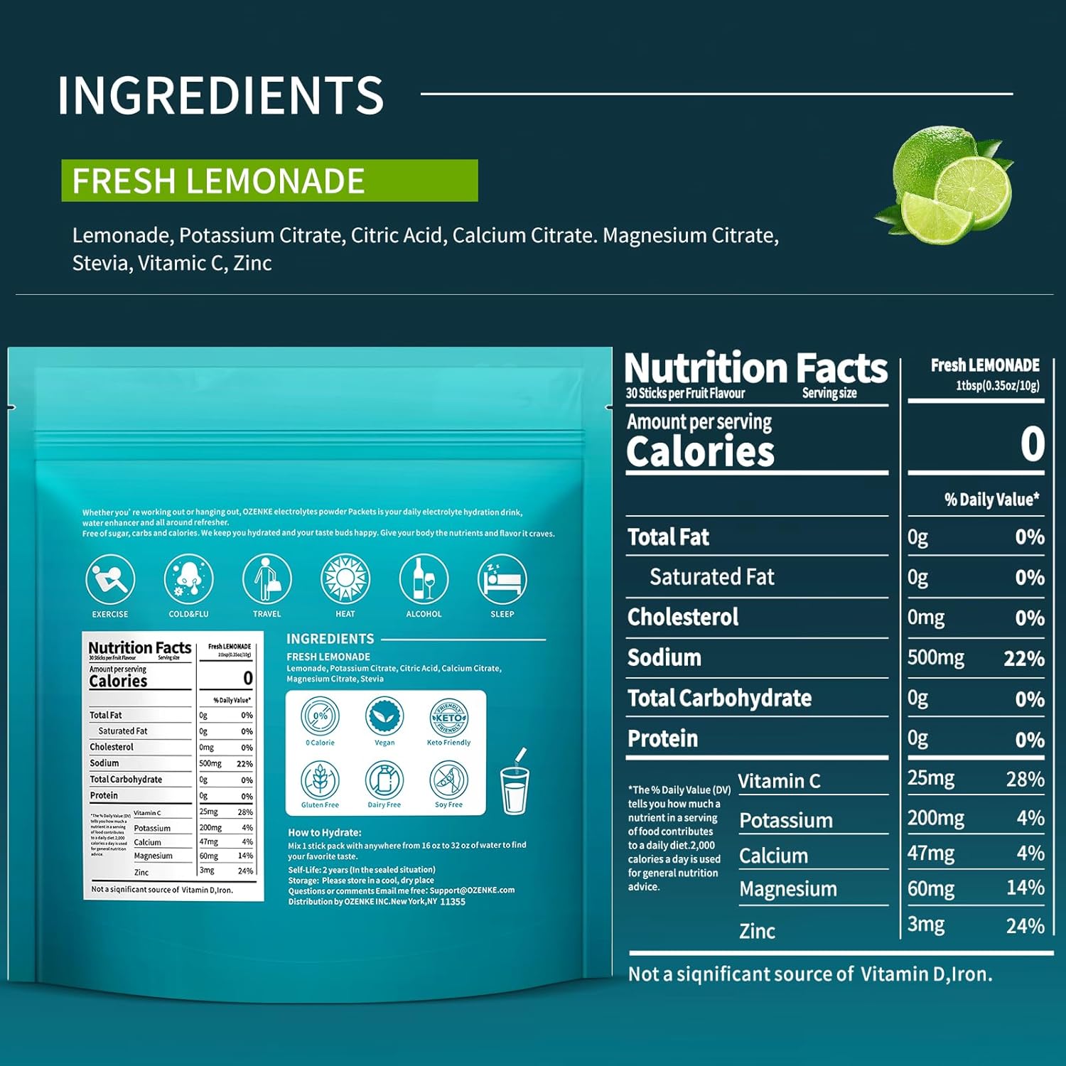 30 Sticks OZENKE Electrolyte Powder Packets, Sugar Free Lemonade Flavor for Rapid Hydration, Portable Hydration Packets - 0 Sugar & 0 Calorie