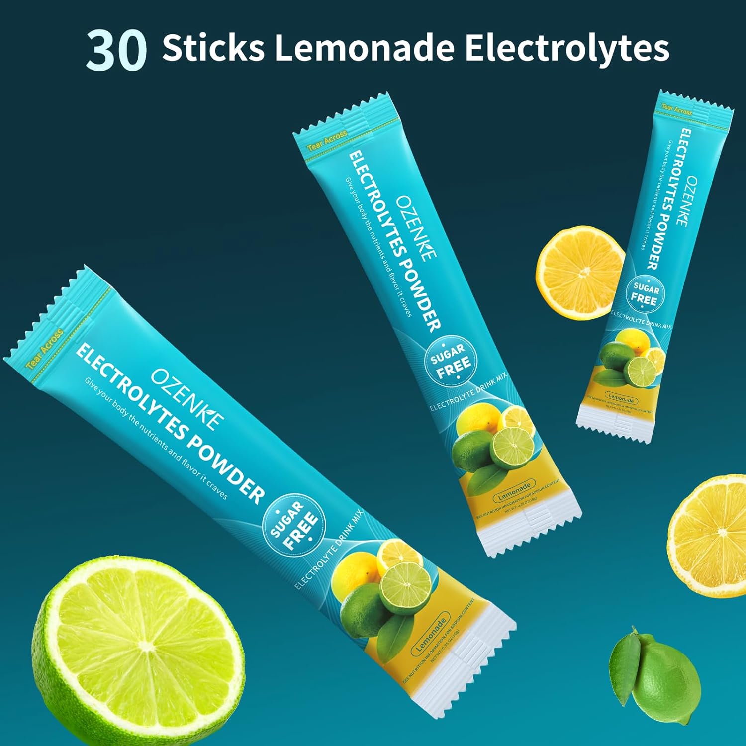 30 Sticks OZENKE Electrolyte Powder Packets, Sugar Free Lemonade Flavor for Rapid Hydration, Portable Hydration Packets - 0 Sugar & 0 Calorie