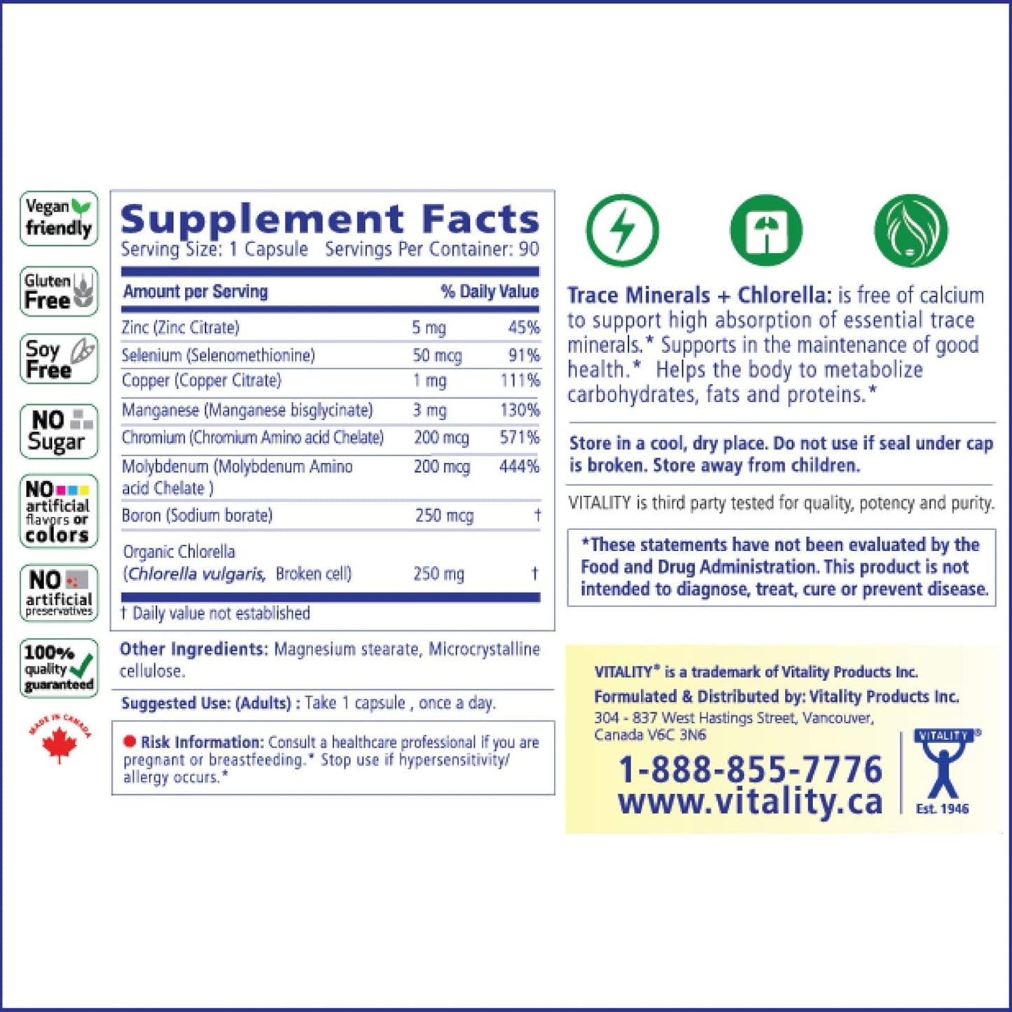 30 Vcaps Vitality Trace Minerals & Chlorella Supplement - Boosts Metabolism, Immunity, Healing, and Body Detox